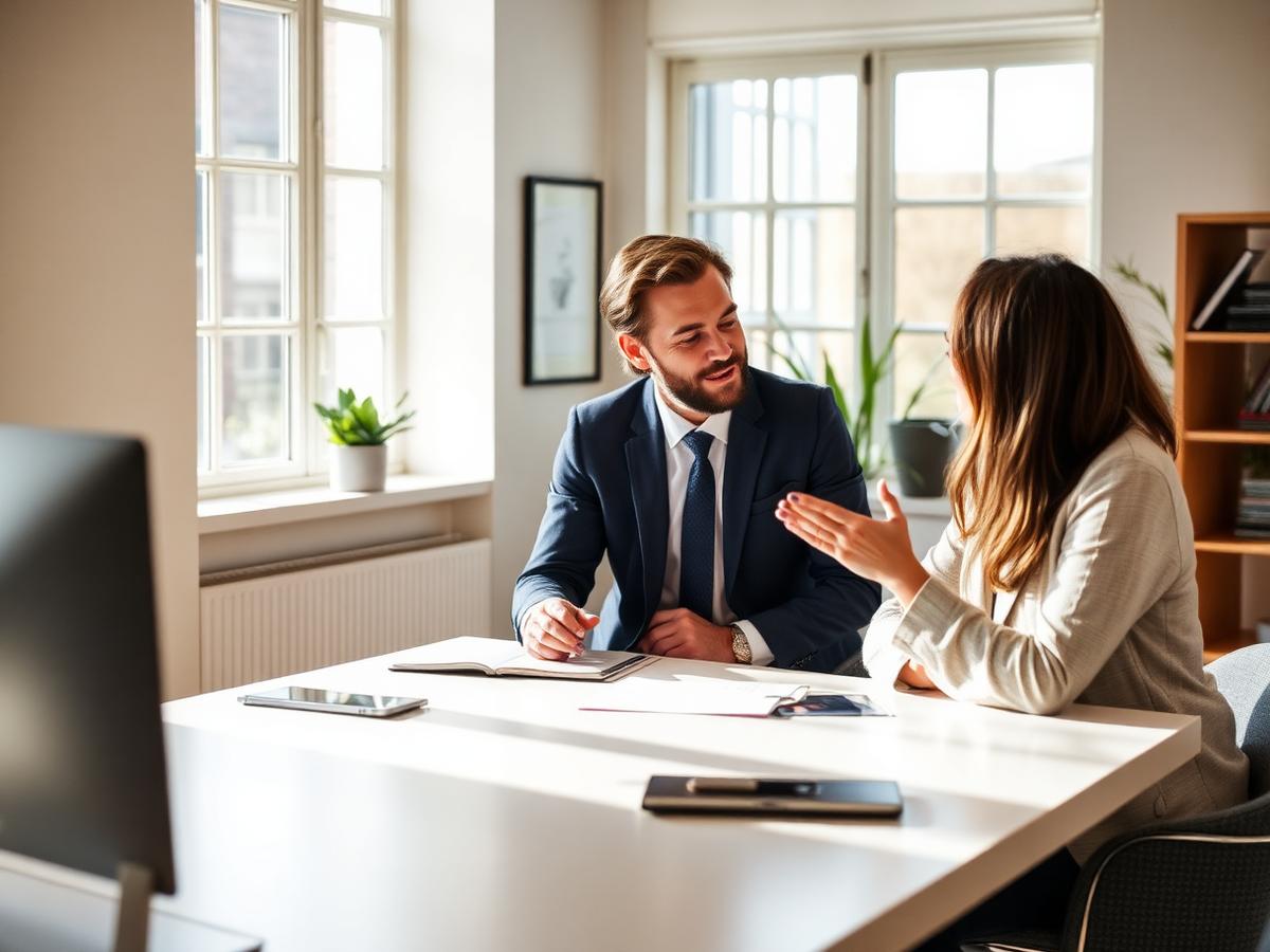 Adviseur in gesprek met een tevreden klant aan een tafel in een licht kantoor