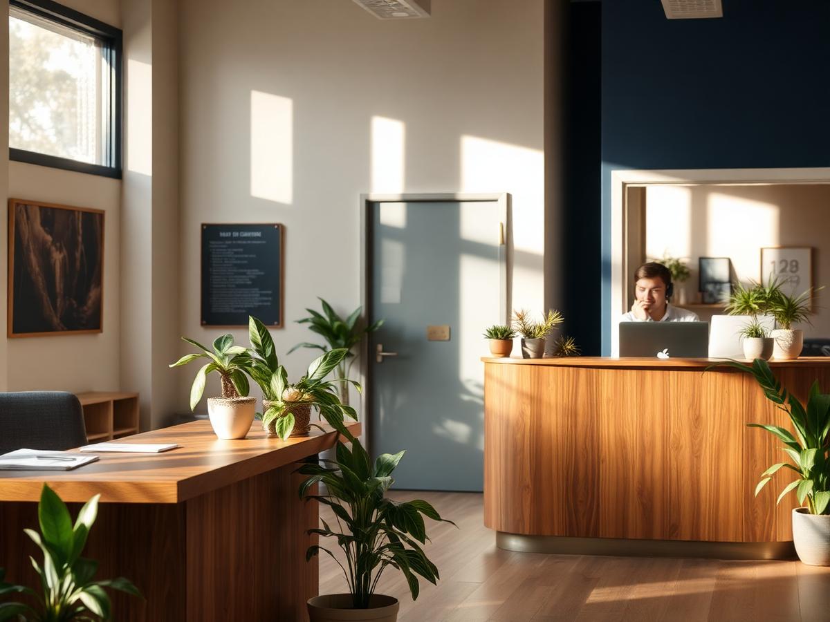 Warme, toegankelijke kantoorsfeer met houten balie, planten en zacht daglicht