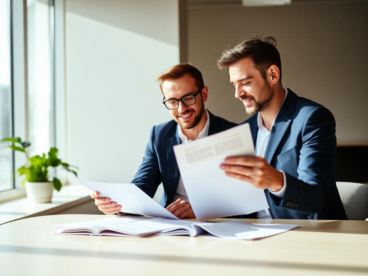 Twee investeerders bespreken samen investeringsdocumenten in een licht kantoor