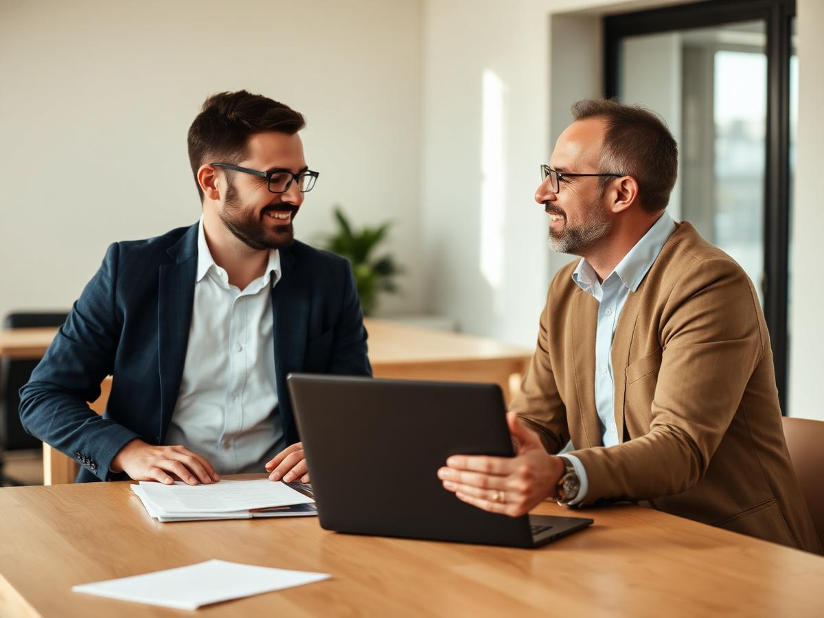 Ondernemer en investeerder in gesprek over een financiering aan een tafel in een licht kantoor