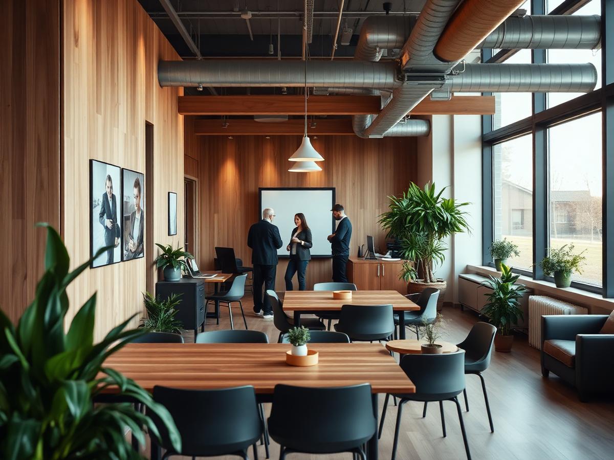 Warme, open kantoorruimte met houten interieur waar collega's informeel met elkaar overleggen