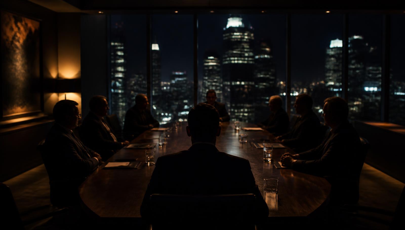 Besloten boardroom-bijeenkomst van investeerders bij avond