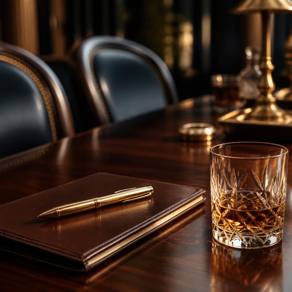 Premium details: leren notitieboek, gouden pen en whiskyglas