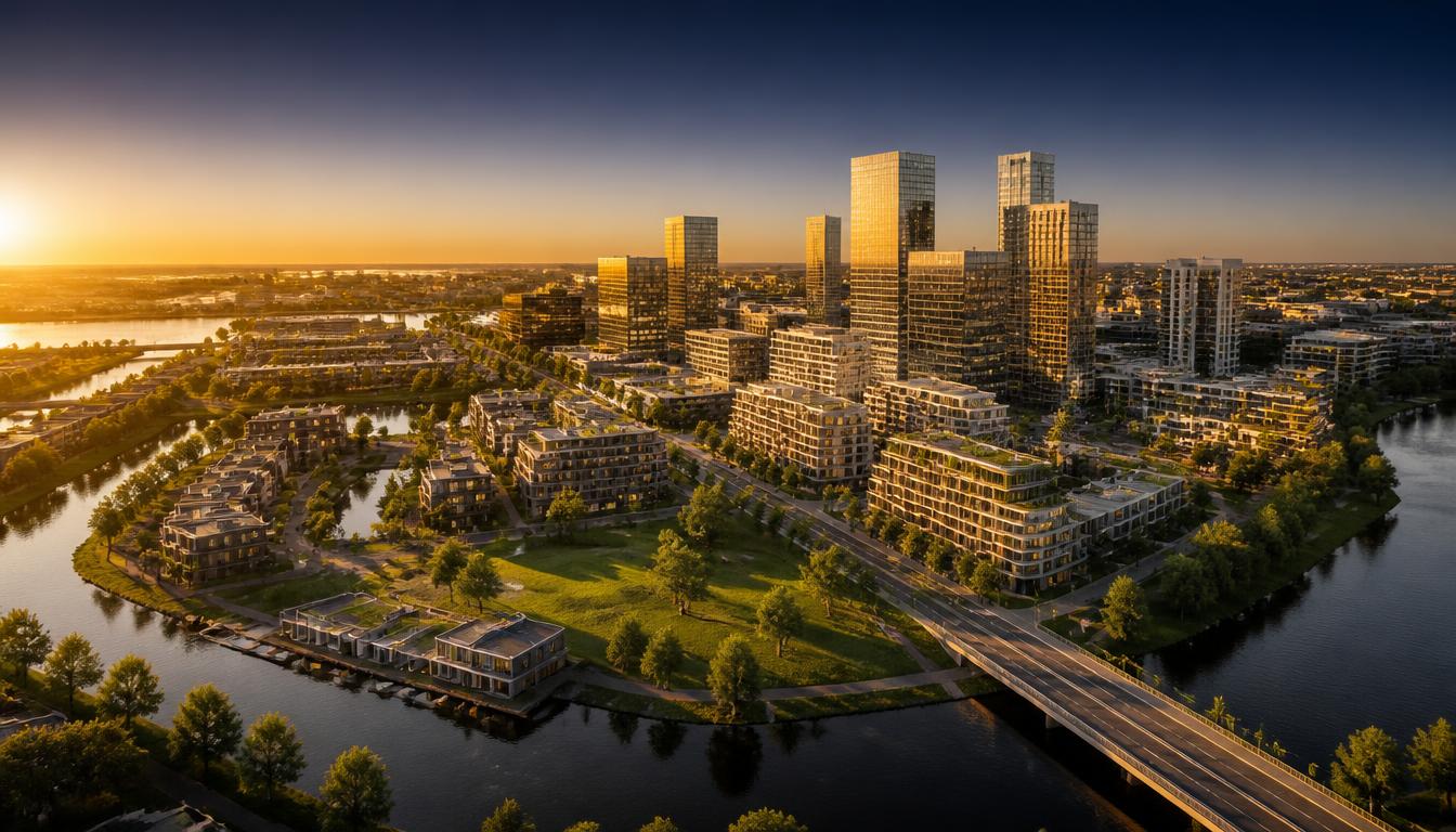 Luchtfoto van een moderne Nederlandse zakelijke wijk bij zonsondergang