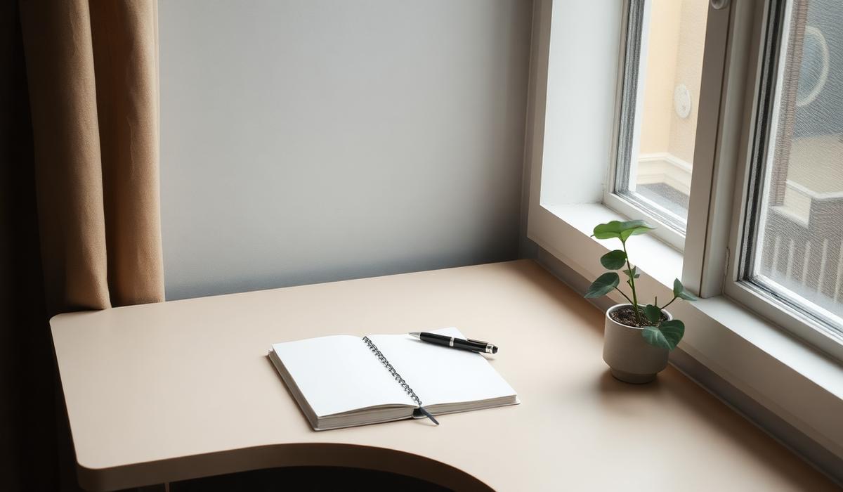 Rustig bureau met open notitieboek, pen en plant bij het raam